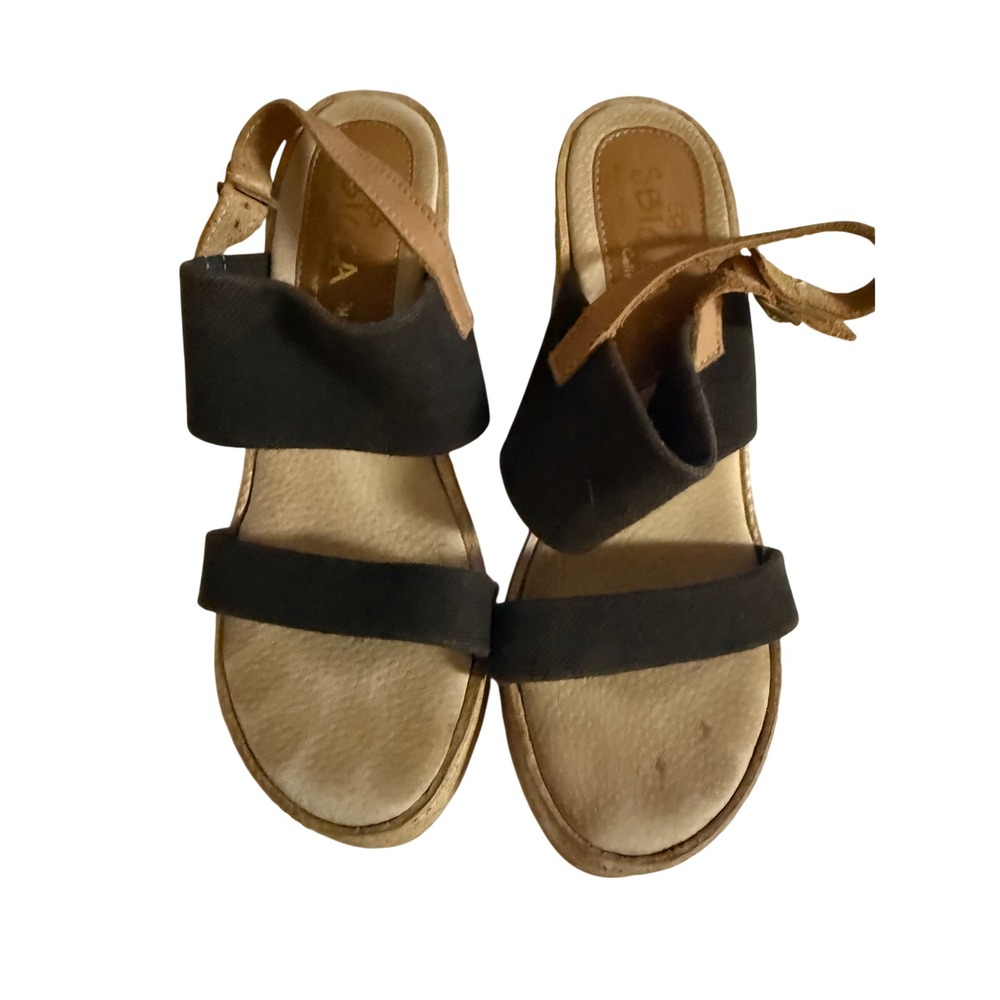 Sbicca Black Tan Leather Platform Wedge Sandals‎ Hand Molded California Womens